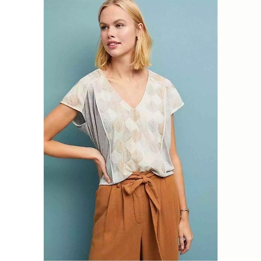 Anthropologie TINY SMALL Women's Gray Sea Fan Embroidered Ruched Back Top